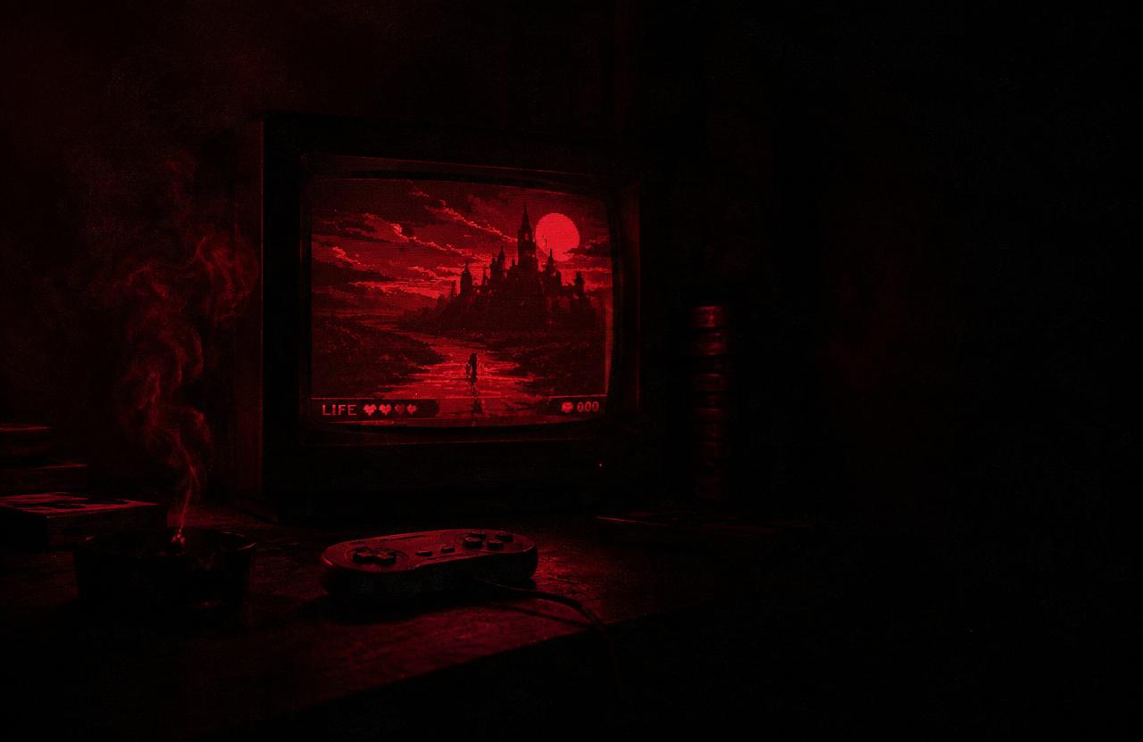 A solitary player facing an ominous red-lit video game world